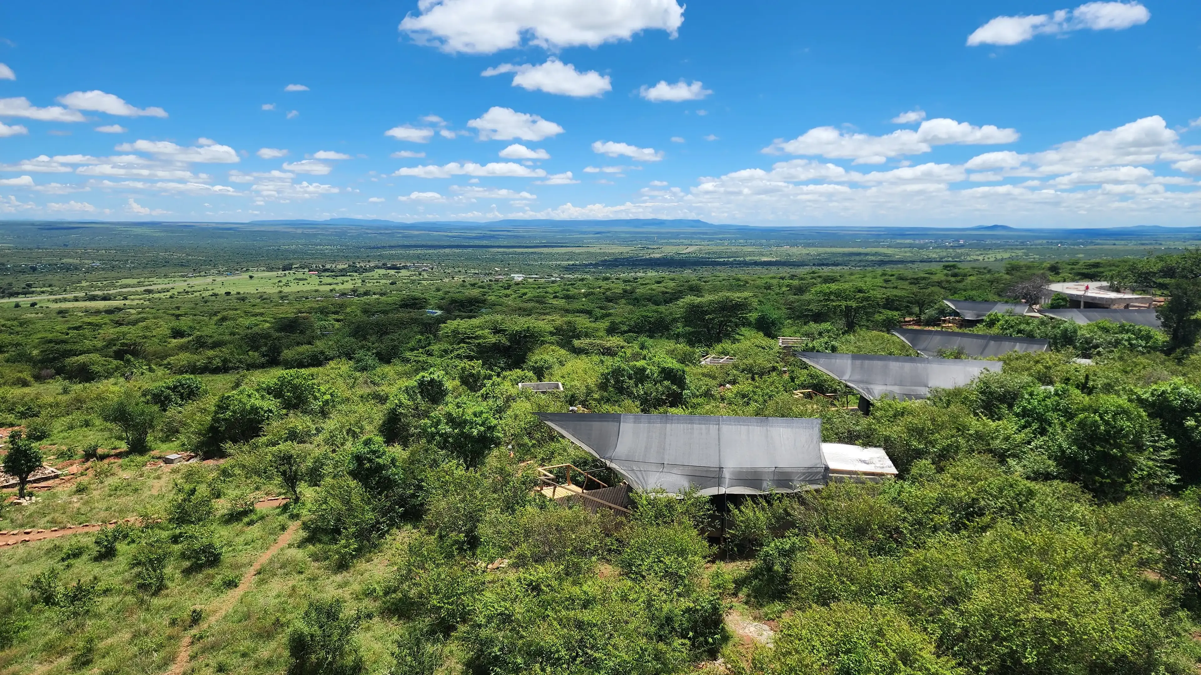 Drone view over the tents and the bush toward the Mara plains