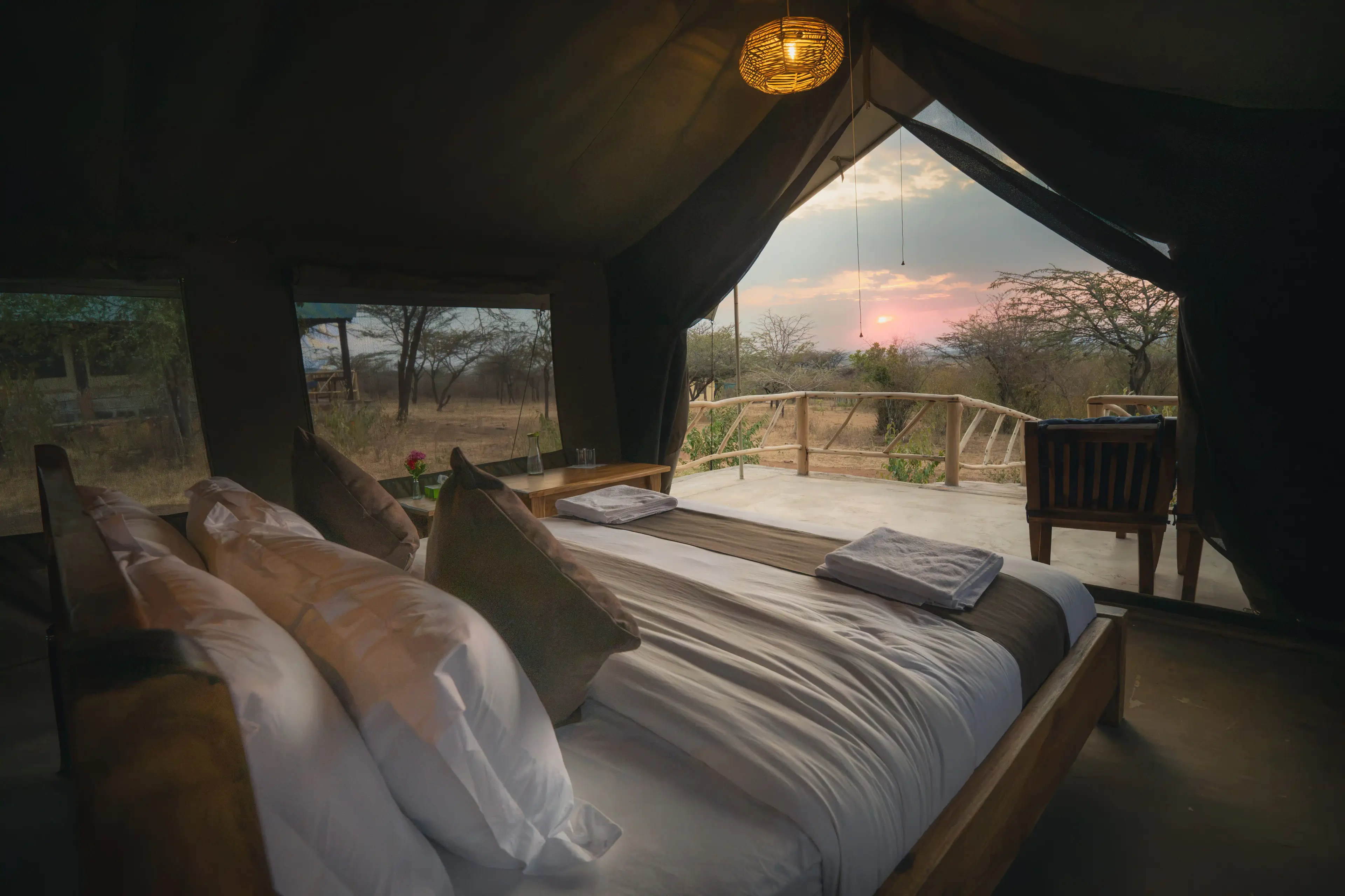 Standard tent bed in the evening light