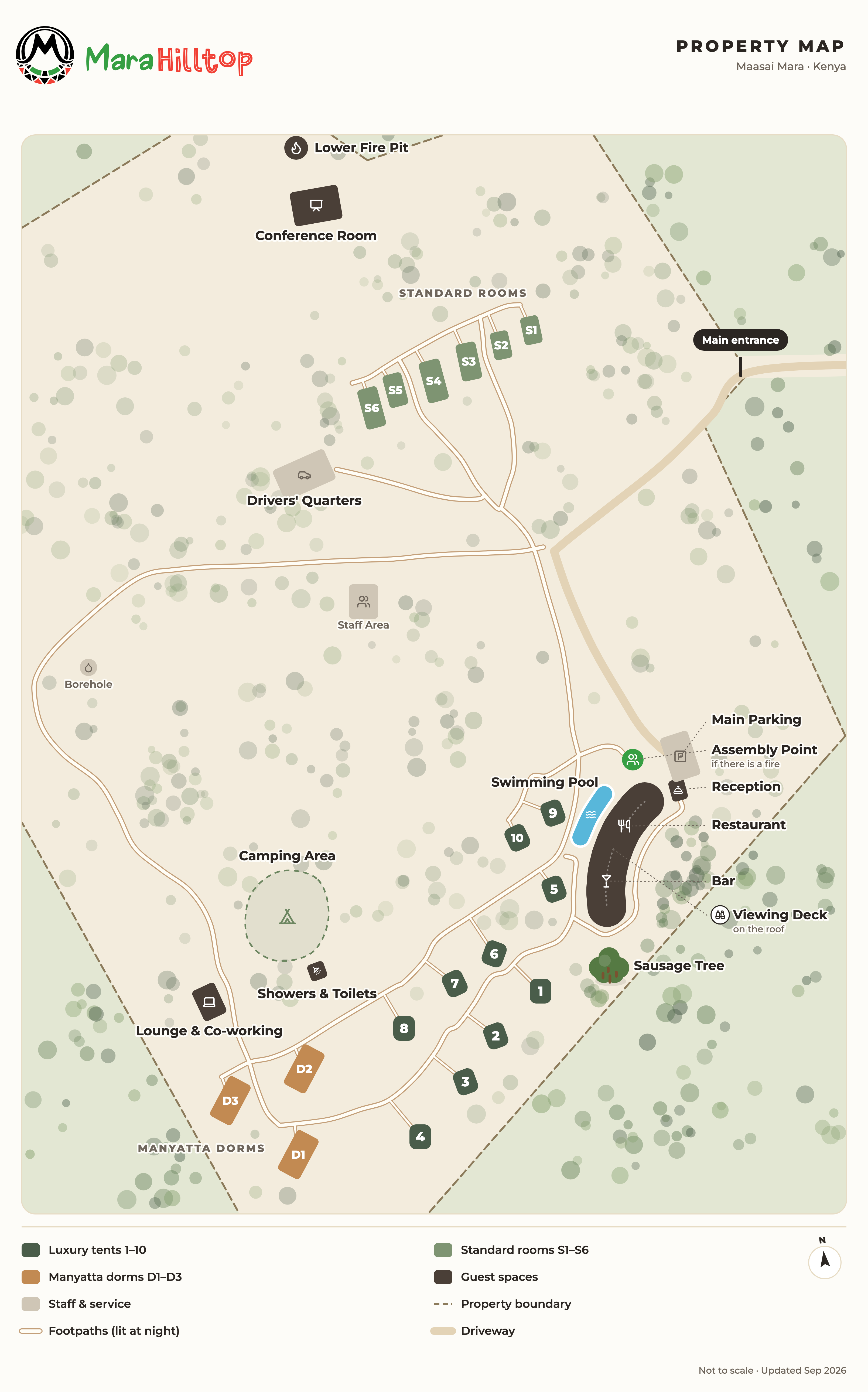 Illustrated map of Mara Hilltop, north up. The main building with the restaurant, bar and rooftop viewing deck sits at the top of the hill on the east side, with the pool in front of it. Luxury tents 1 to 10 run along the ridge to the south-west, standard rooms S1 to S6 are to the north, and Manyatta dorms D1 to D3 are in the south-west corner, all linked by lit footpaths.